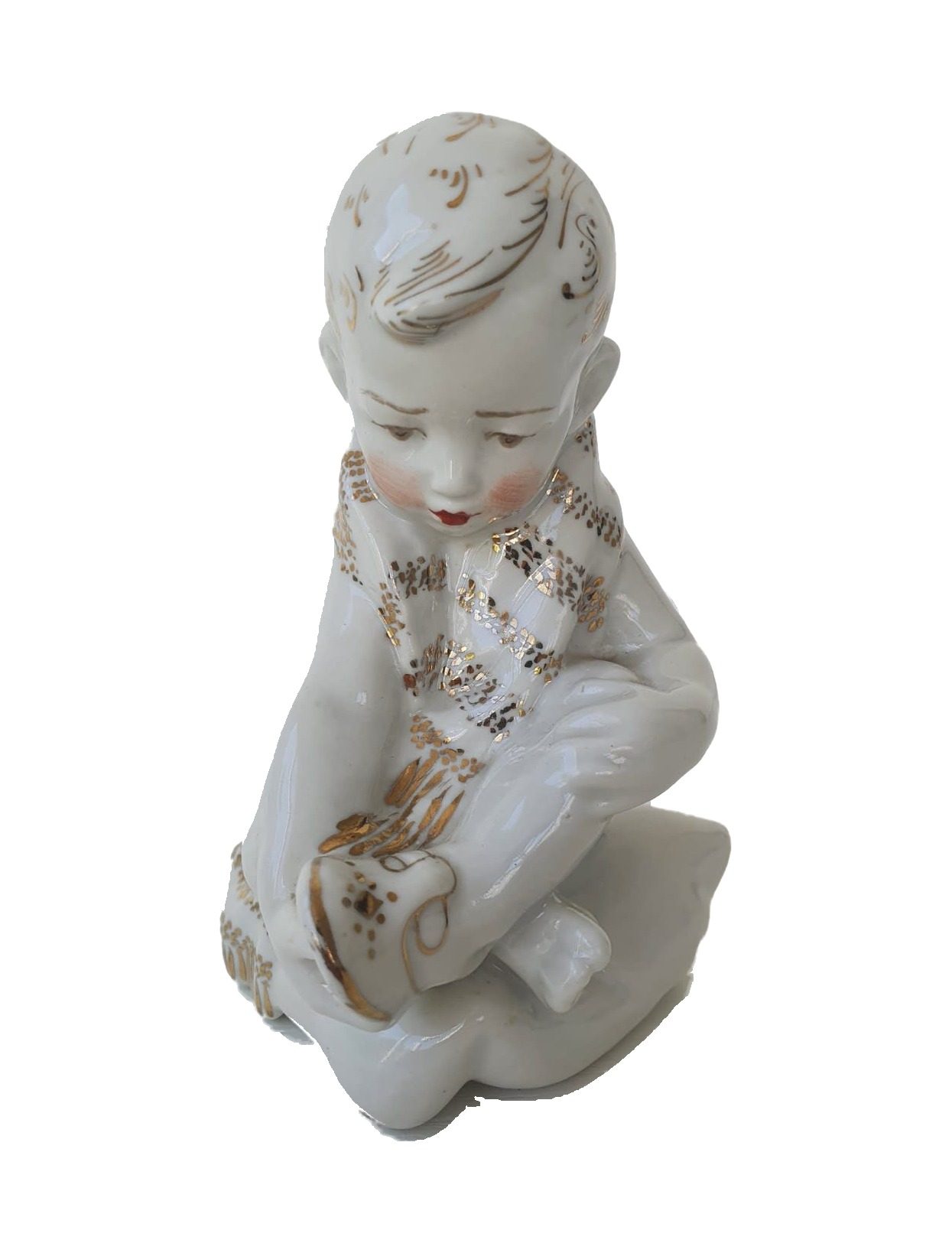 Porcelain figurine “Boy with Sandal”, Pesochnoye, USSR 1963, height 15.5 cm