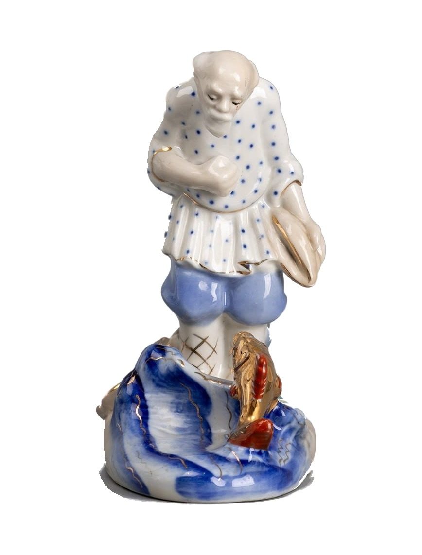 Фигура «Старик и Золотая рыбка» – Л.П. Азарова, фарфор, Гжель, 1950–1960