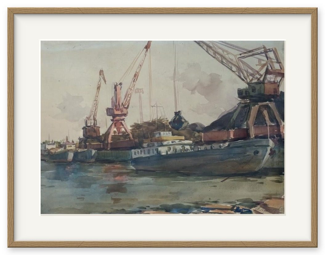 Loading at Rostov Port – Aleksandr Mikhailovich Kurilovich, painting, paper, watercolor, 1958