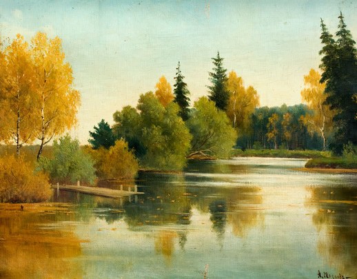 «Лесное озеро. Осенний пейзаж» – А. Маслов, конец XIX в. – холст, масло